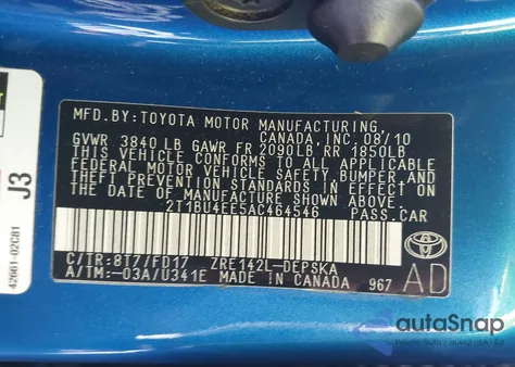 2010 Toyota Corolla S z USA, uszkodzony, nr VIN 2T1BU4EE5AC464546